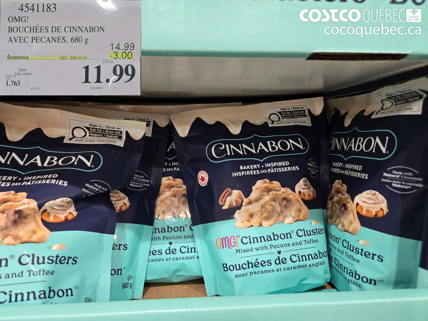 4541183 OMG! BOUCHÉES DE CINNABON AVEC PECANES, 680 G ($3.00 INSTANT SAVINGS EXPIRES ON 2026-10-18) $11.99