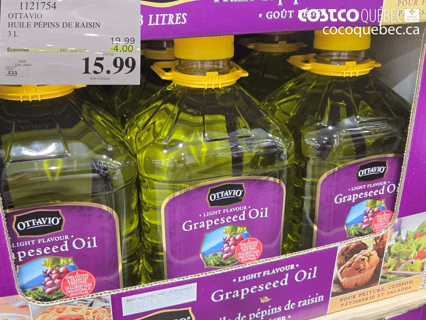 1121754 OTTAVIO HUILE PÉPINS DE RAISIN 3 L ($4.00 INSTANT SAVINGS EXPIRES ON 2026-11-08) $15.99
