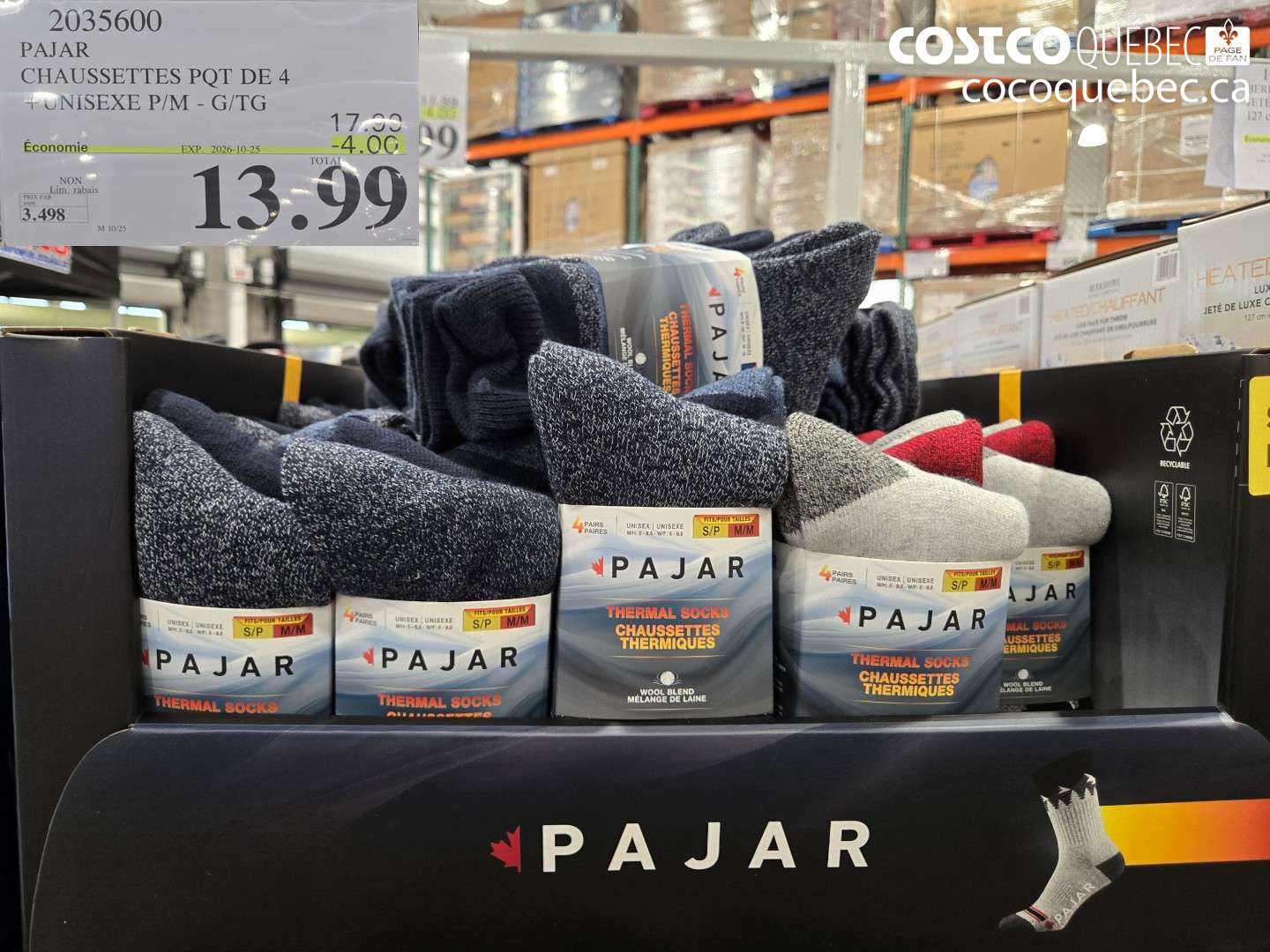 2035600 PAJAR CHAUSSETTES PQT DE 4 UNISEXE P/M - G/TG ($4.00 INSTANT SAVINGS EXPIRES ON 2026-10-25) $13.99
