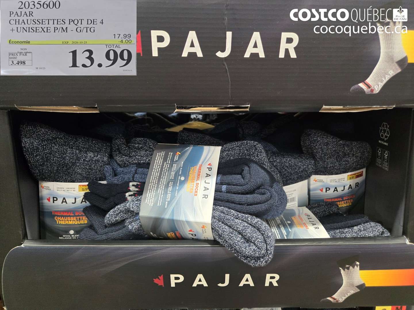 2035600 PAJAR CHAUSSETTES PQT DE 4 UNISEXE P/M - G/TG ($4.00 INSTANT SAVINGS EXPIRES ON 2026-10-25) $13.99