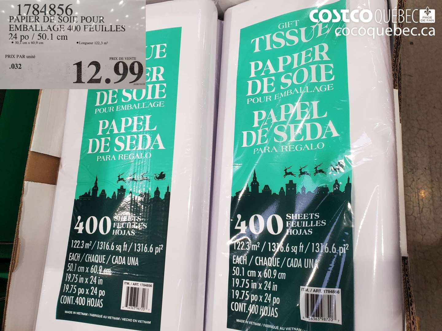 1784856 PAPIER DE SOIE POUR EMBALLAGE 400 FEUILLES 24 PO / 50.1 CM $12.99