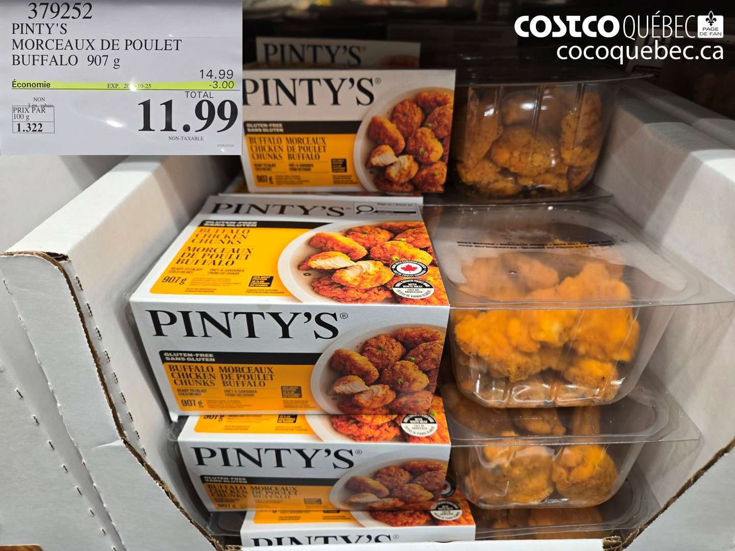 379252 PINTY'S MORCEAUX DE POULET BUFFALO 907 G ($3.00 INSTANT SAVINGS EXPIRES ON 2026-10-25) $11.99