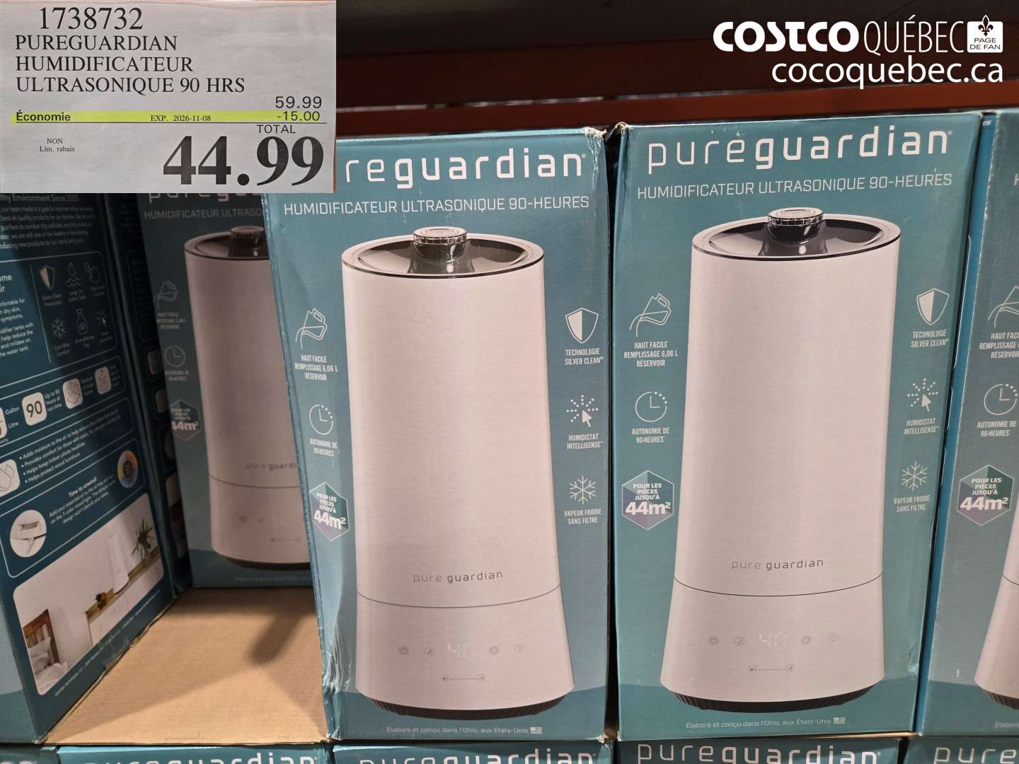 1738732 PUREGUARDIAN HUMIDIFICATEUR ULTRASONIQUE 90 HRS ($15.00 INSTANT SAVINGS EXPIRES ON 2026-11-08) $44.99