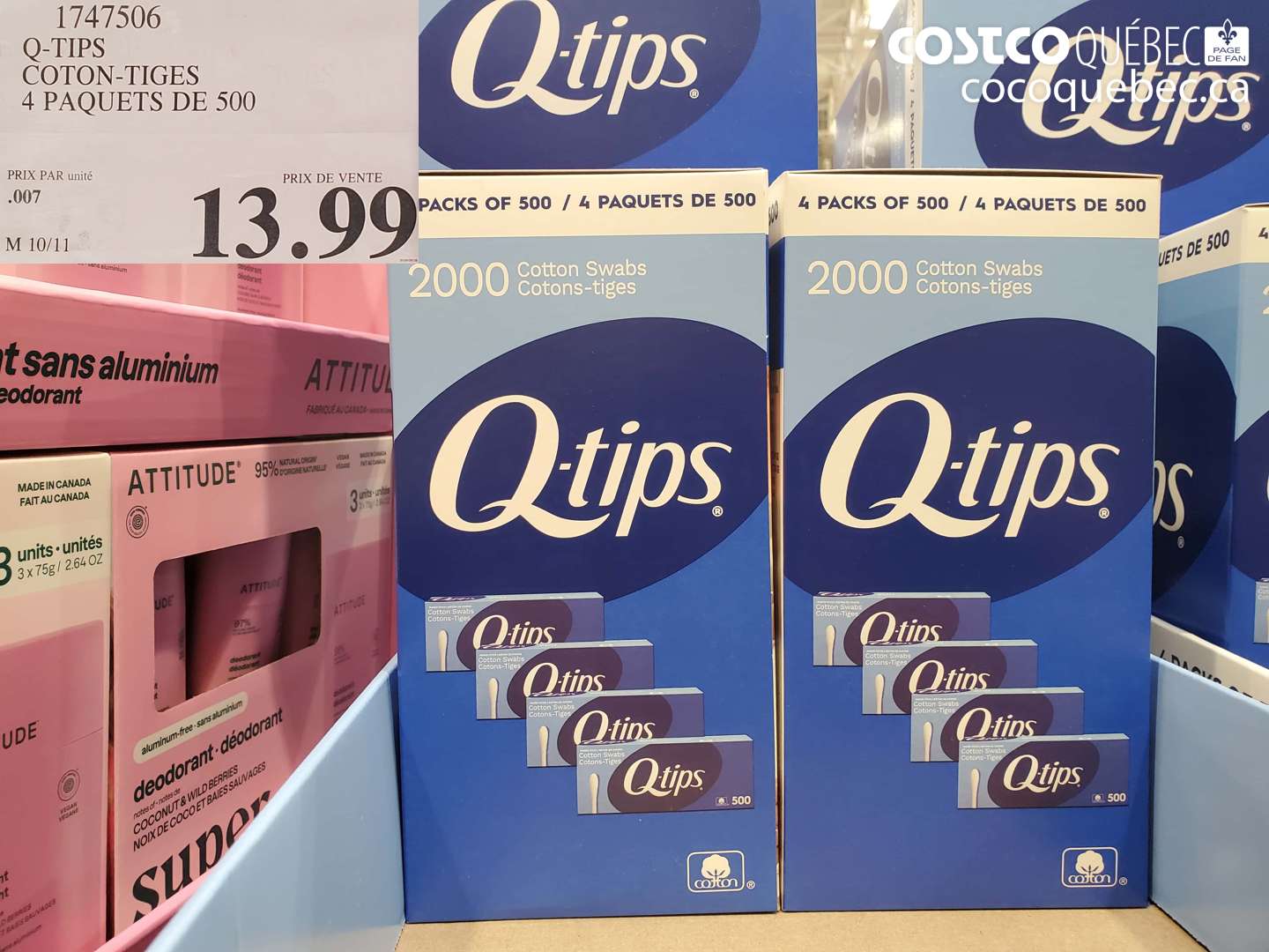 1747506 Q-TIPS COTON-TIGES 4 PAQUETS DE 500 $13.99