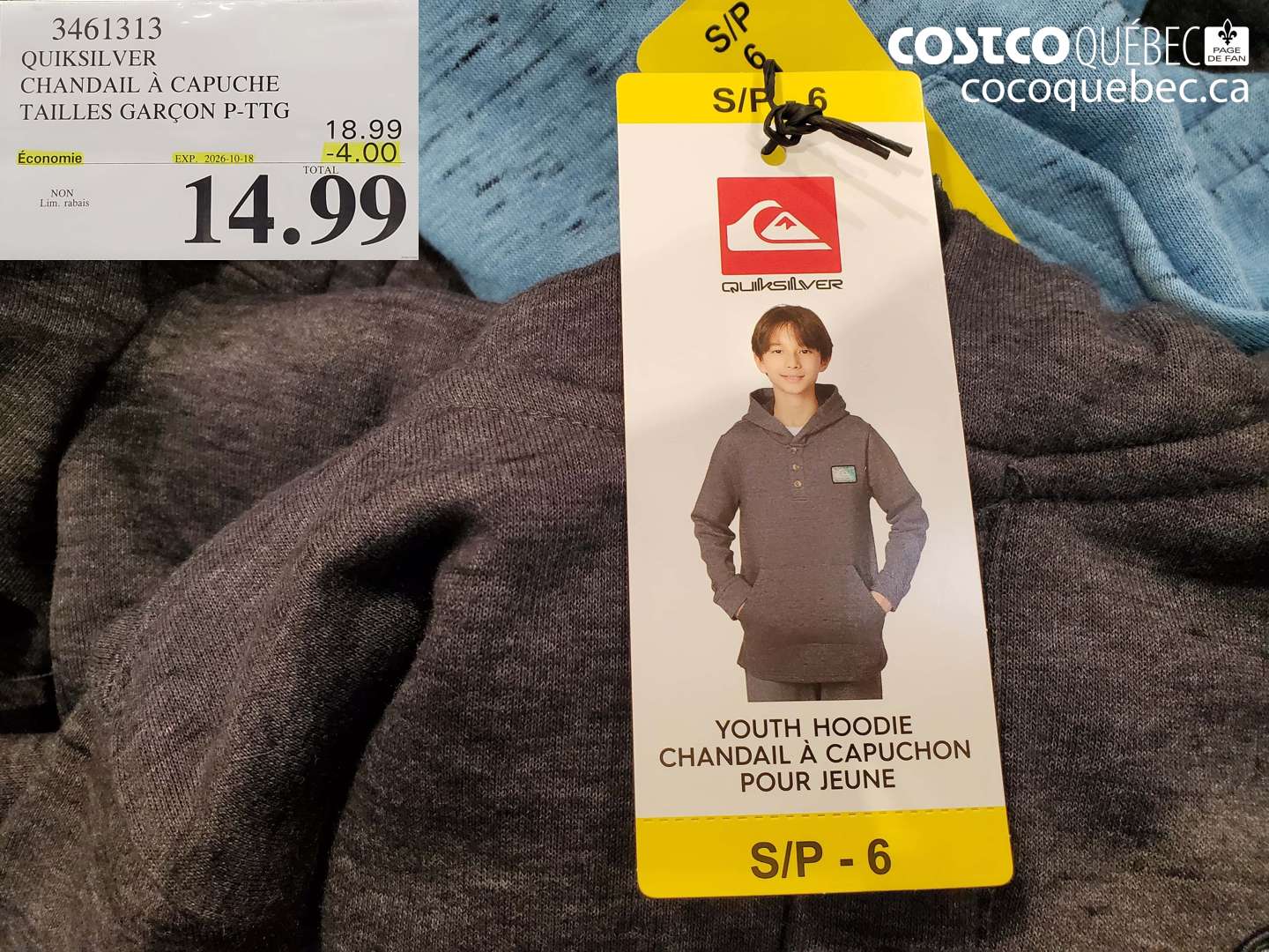 3461313 QUIKSILVER CHANDAIL À CAPUCHE TAILLES GARÇON P-TTG ($4.00 INSTANT SAVINGS EXPIRES ON 2026-10-18) $14.99