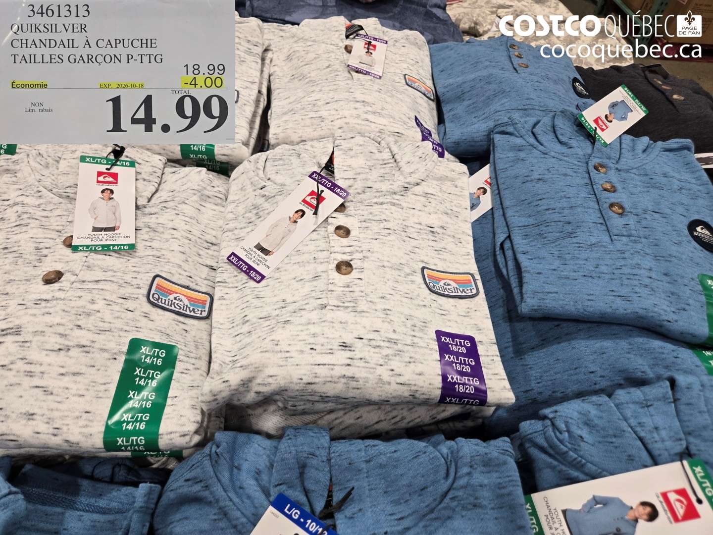 3461313 QUIKSILVER CHANDAIL À CAPUCHE TAILLES GARÇON P-TTG ($4.00 INSTANT SAVINGS EXPIRES ON 2026-10-18) $14.99