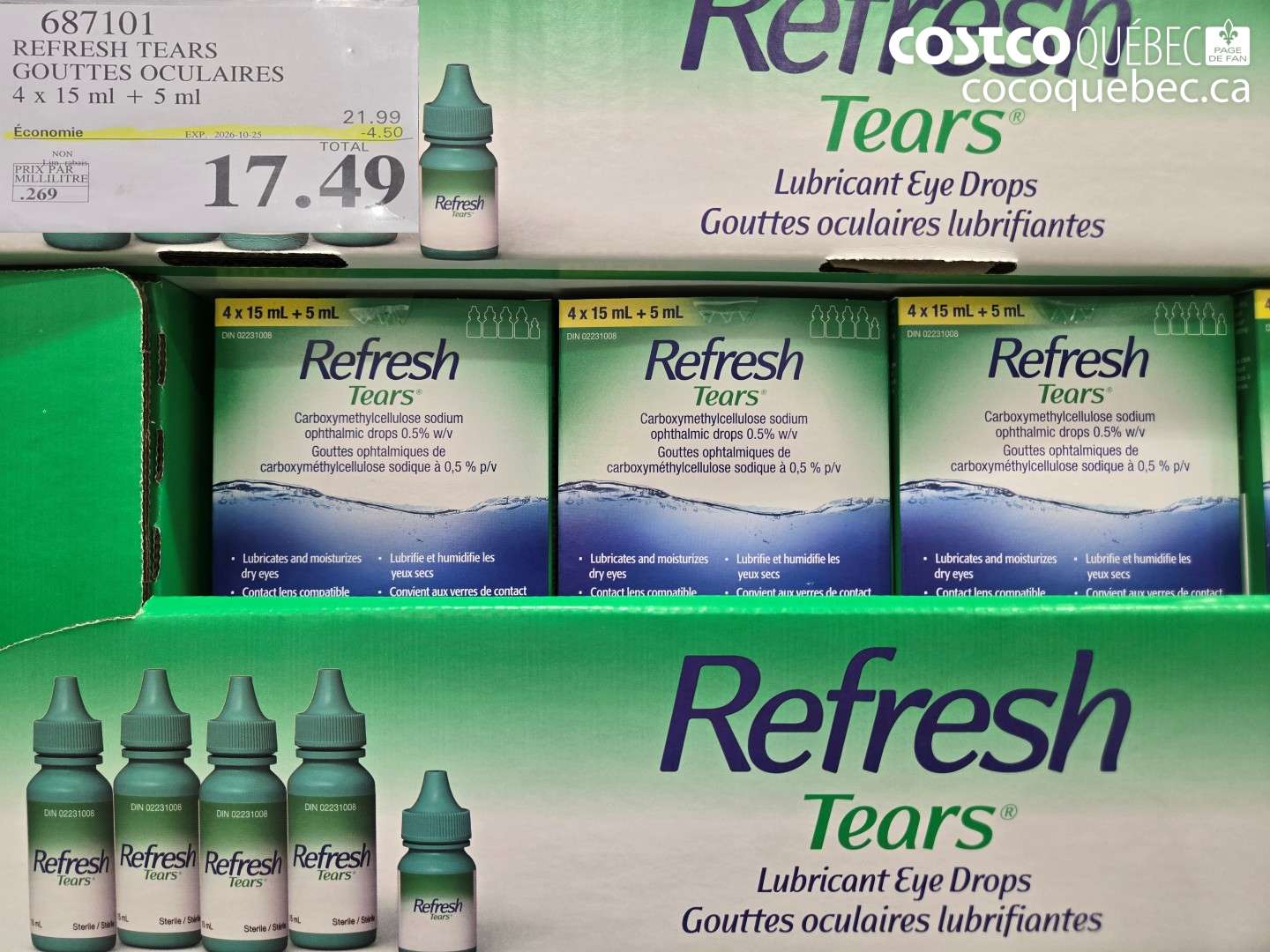 687101 REFRESH TEARS GOUTTES OCULAIRES 4 X 15 ML + 5 ML ($4.50 INSTANT SAVINGS EXPIRES ON 2026-10-25) $17.49