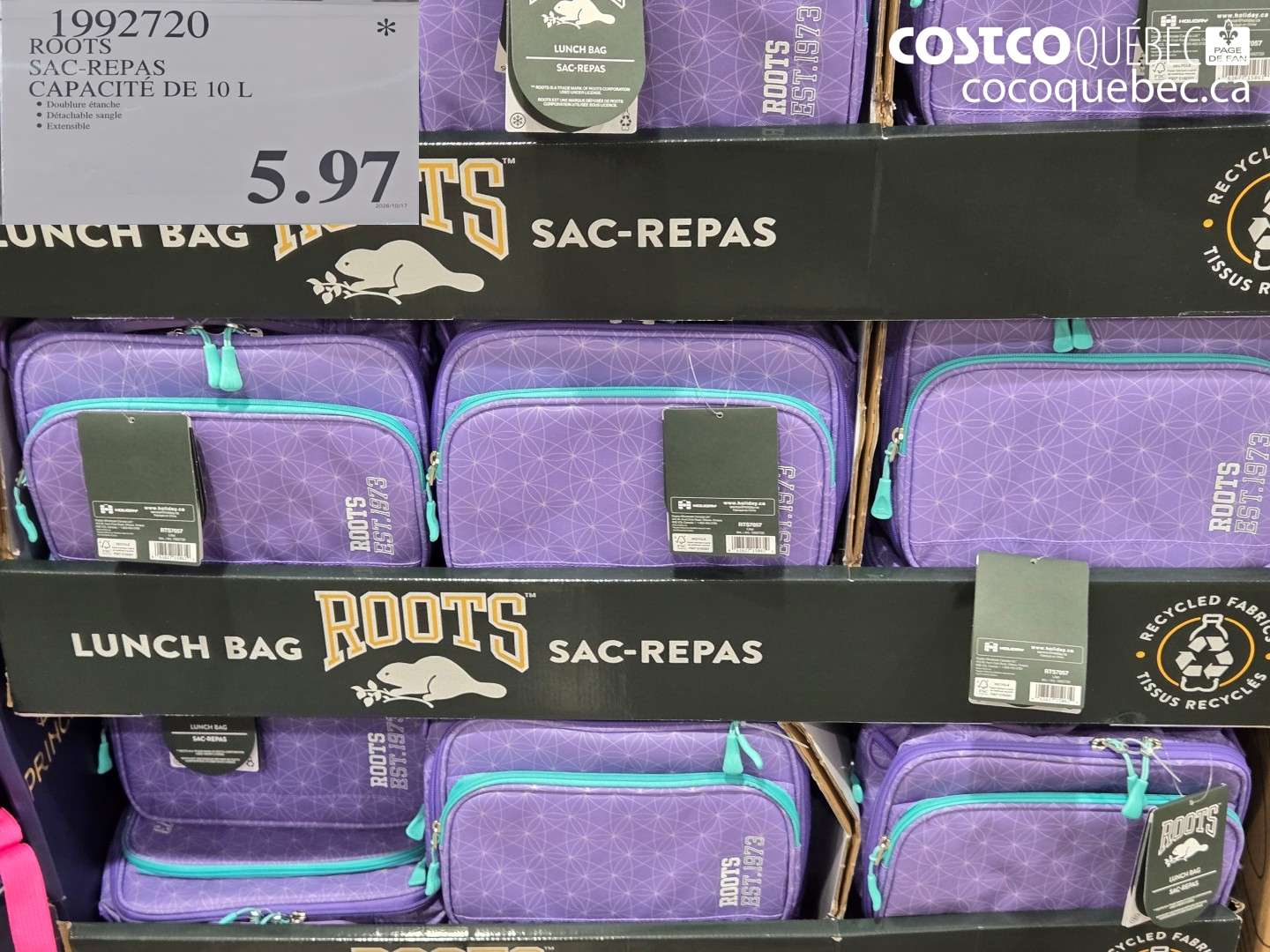 1992720 ROOTS SAC-REPAS CAPACITÉ DE 10 L $5.97