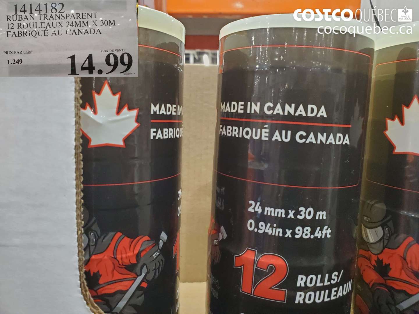 1414182 RUBAN TRANSPARENT 12 ROULEAUX 24MM X 30M FABRIQUÉ AU CANADA $14.99