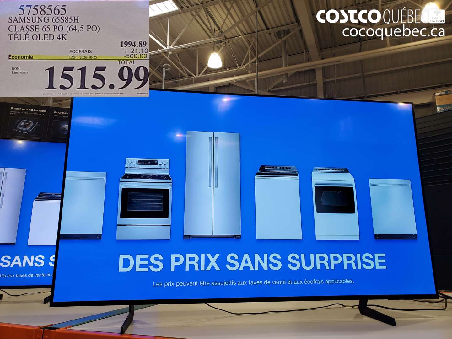 5758565 SAMSUNG 65S85H CLASSE 65 PO (64.5 PO) TÉLÉ OLED 4K ($500.00 INSTANT SAVINGS EXPIRES ON 2026-10-25) $1515.99
