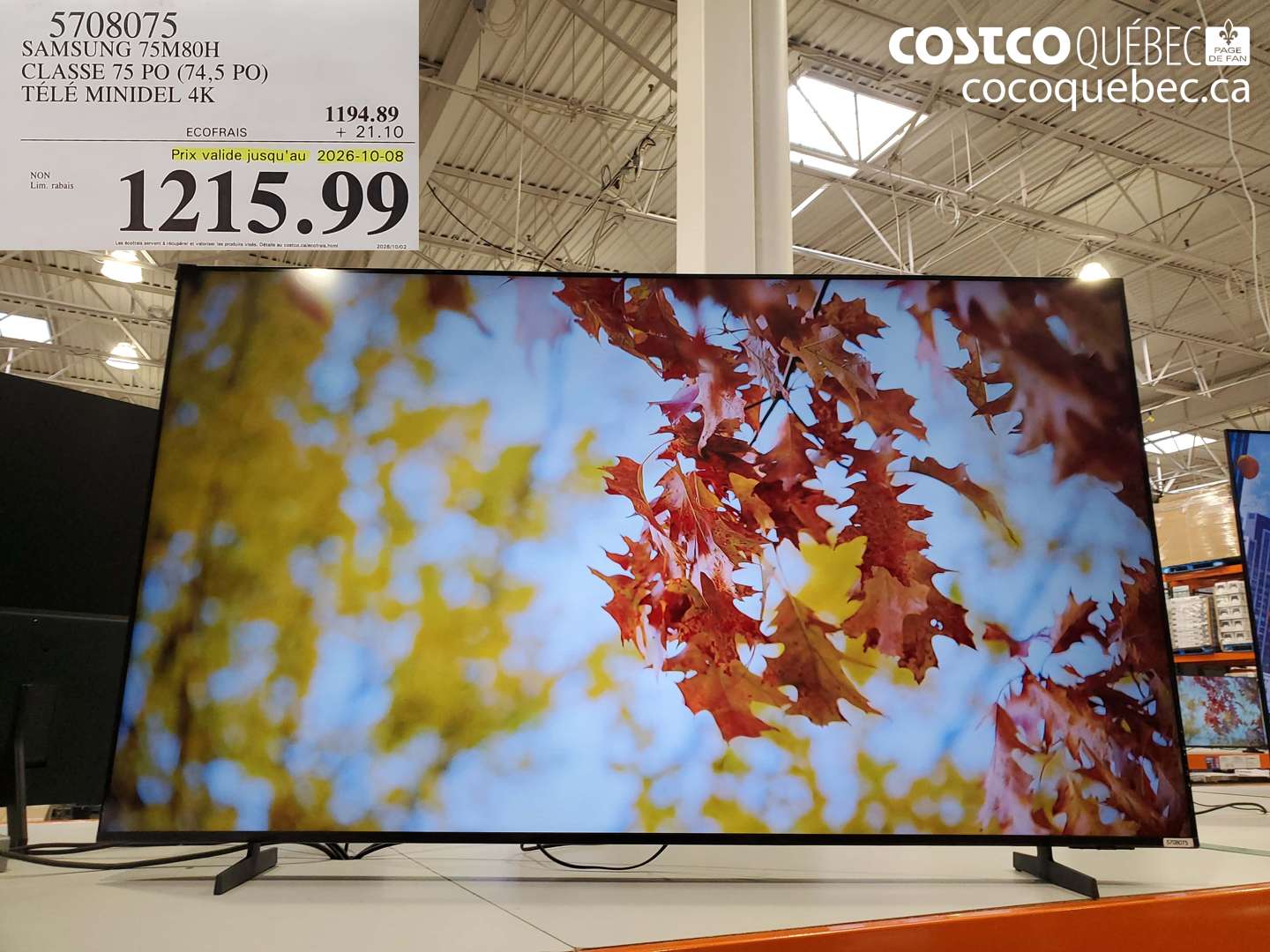 5708075 SAMSUNG 75M80H CLASSE 75 PO (74.5 PO) TÉLÉ MINIDEL 4K (EXPIRES ON 2026-10-08) $1215.99