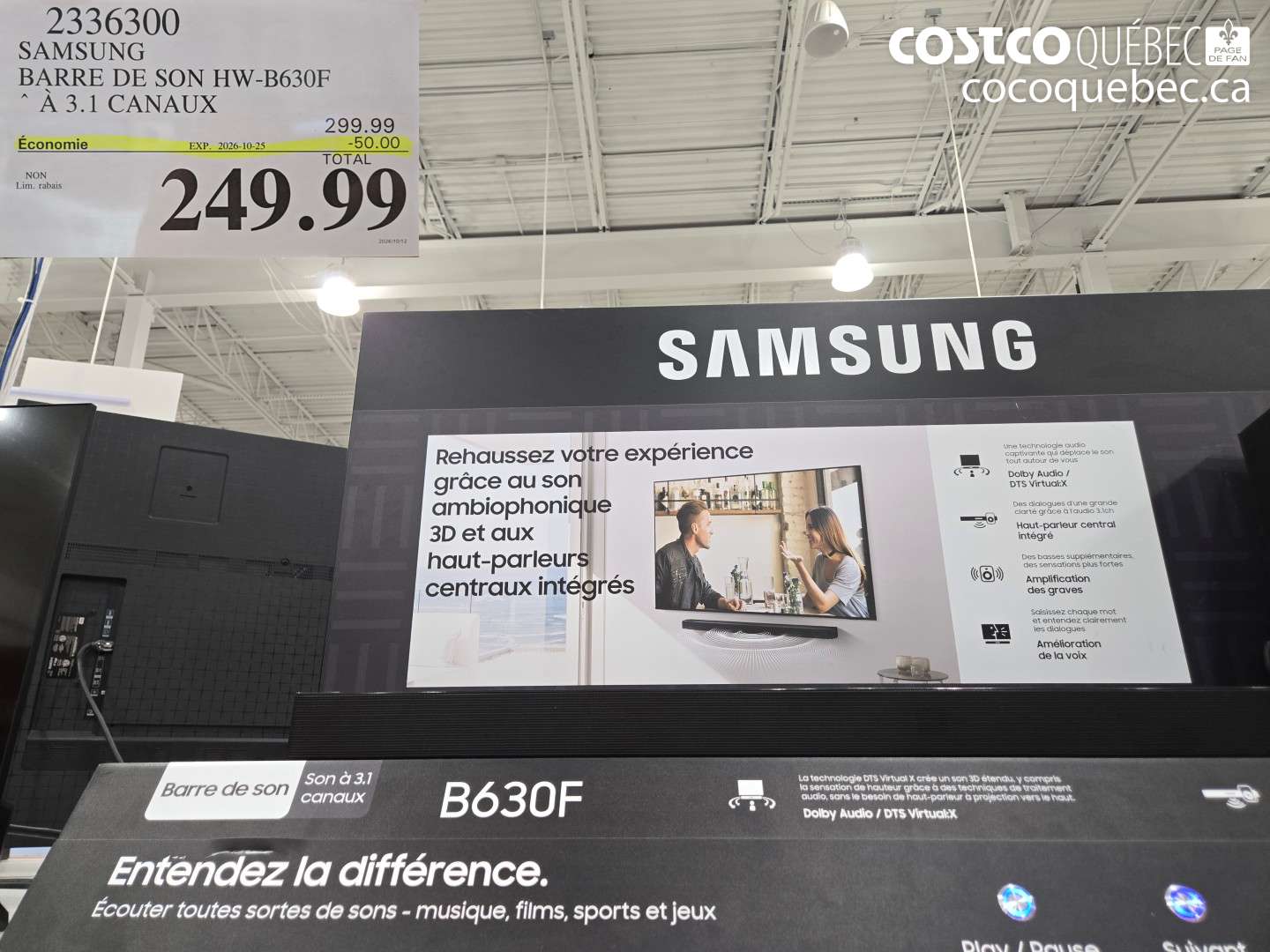 2336300 SAMSUNG BARRE DE SON HW-B630F À 3.1 CANAUX ($50.00 INSTANT SAVINGS EXPIRES ON 2026-10-25) $249.99