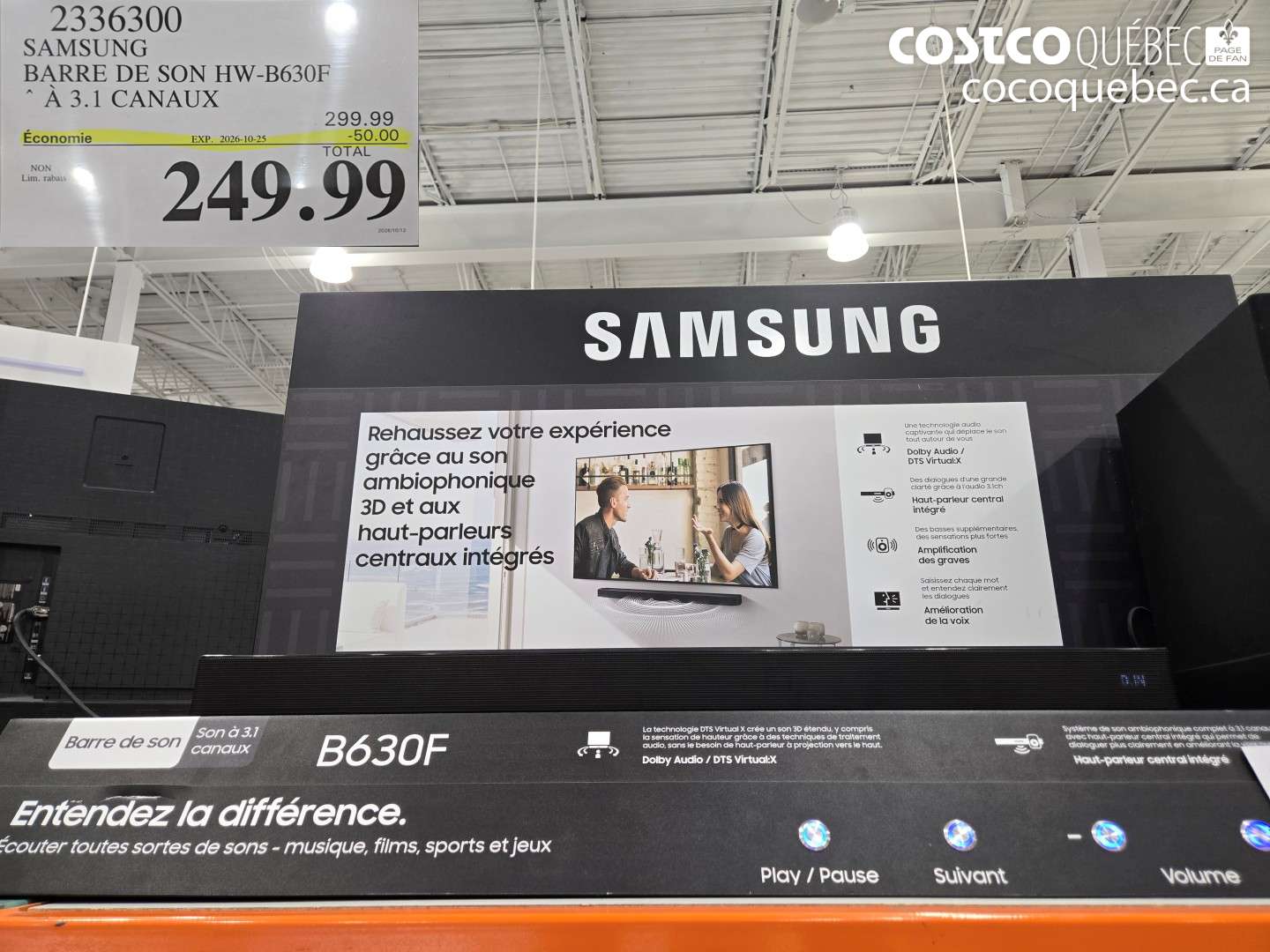 2336300 SAMSUNG BARRE DE SON HW-B630F À 3.1 CANAUX ($50.00 INSTANT SAVINGS EXPIRES ON 2026-10-25) $249.99