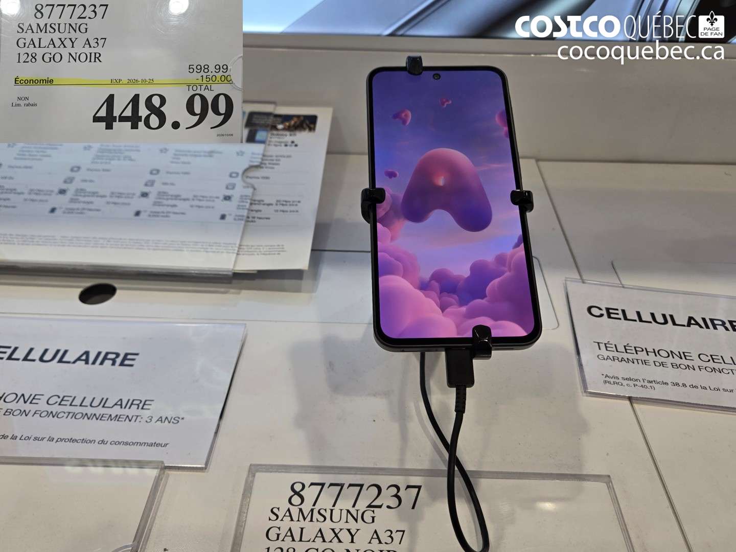 8777237 SAMSUNG GALAXY A37 128 GO NOIR ($150.00 INSTANT SAVINGS EXPIRES ON 2026-10-25) $448.99