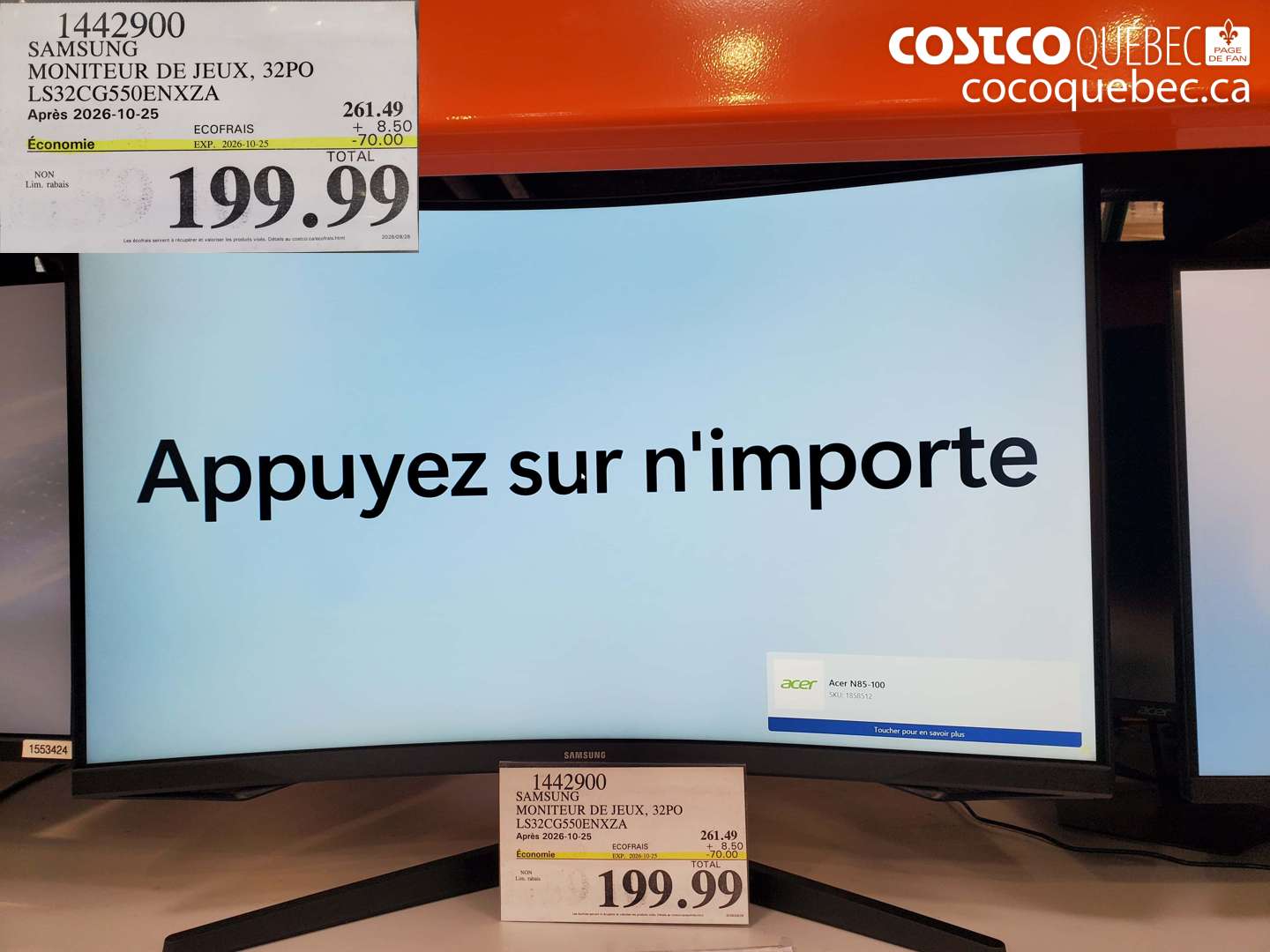 1442900 SAMSUNG MONITEUR DE JEUX, 32PO LS32CG550ENXZA ($70.00 INSTANT SAVINGS EXPIRES ON 2026-10-25) $199.99