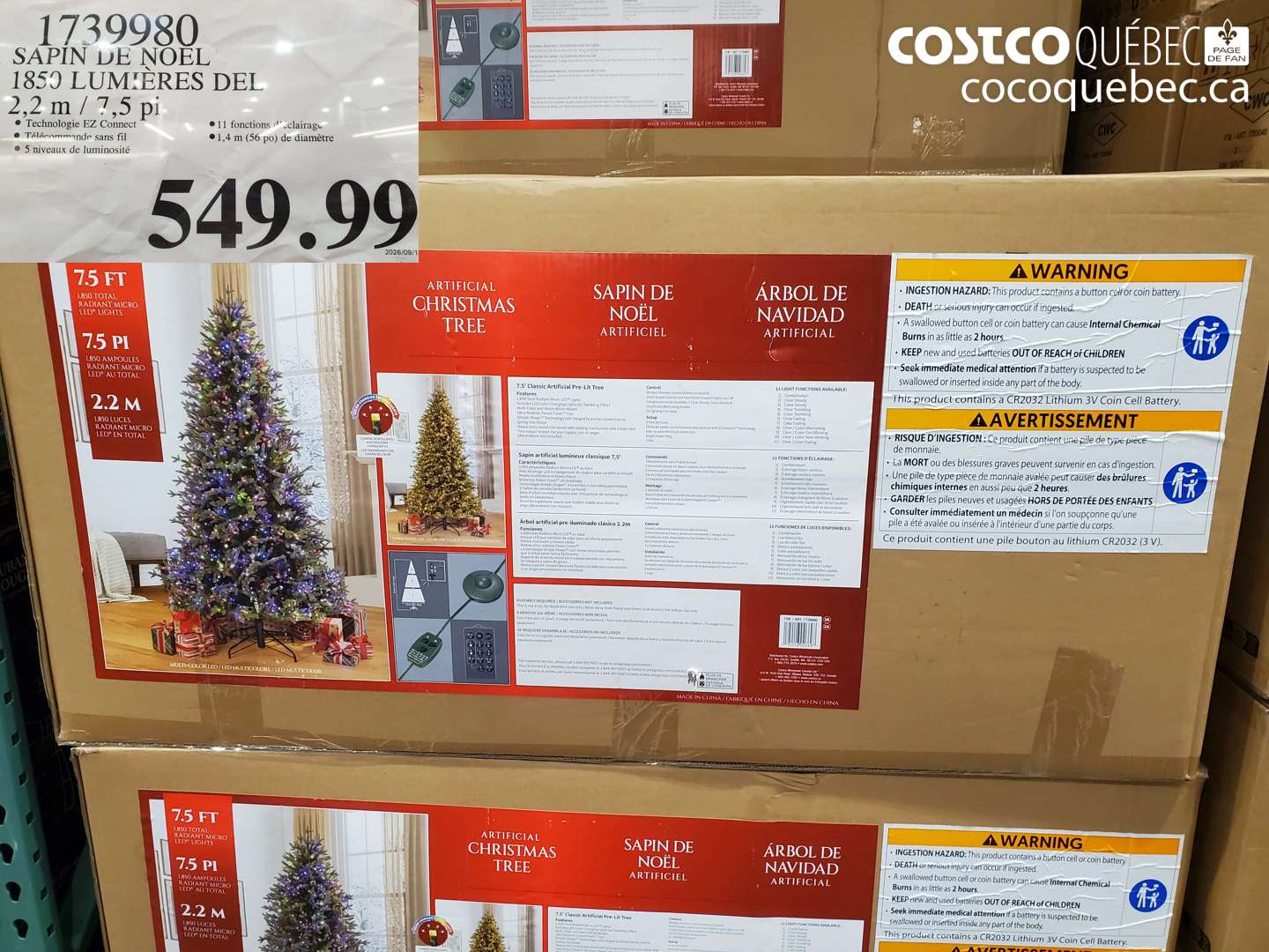 1739980 SAPIN DE NOEL 1850 LUMIÈRES DEL 2.2 M / 7.5 PI $549.99