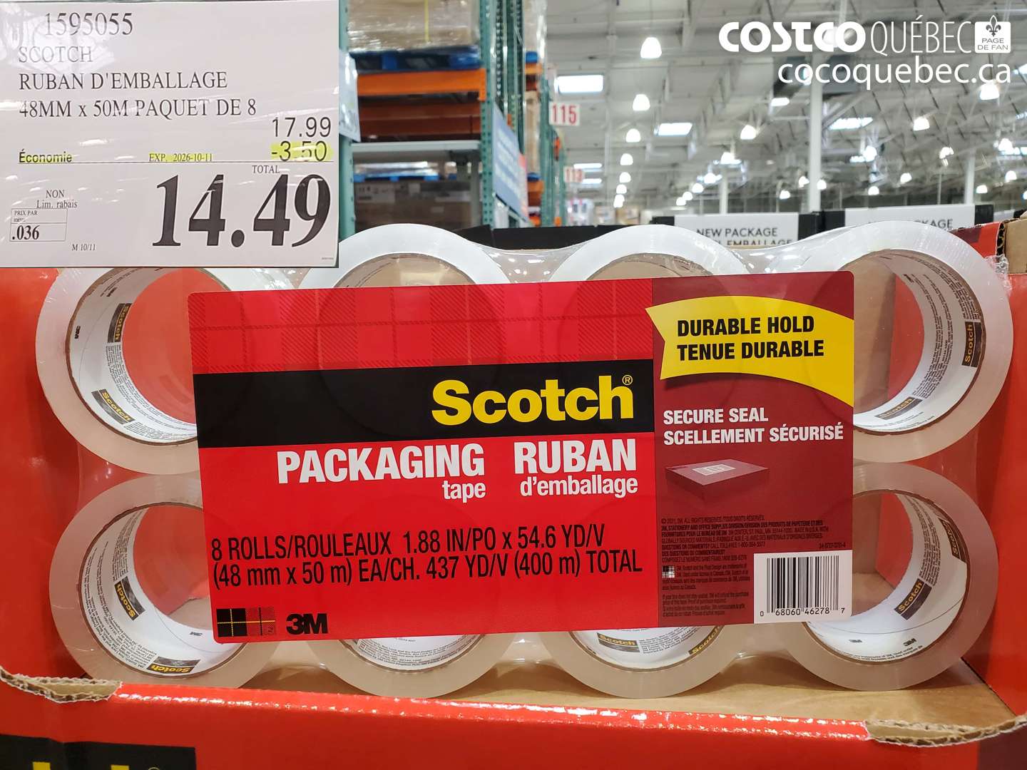 1595055 SCOTCH RUBAN D'EMBALLAGE 48MM X 50M PAQUET DE 8 ($3.50 INSTANT SAVINGS EXPIRES ON 2026-10-11) $14.49