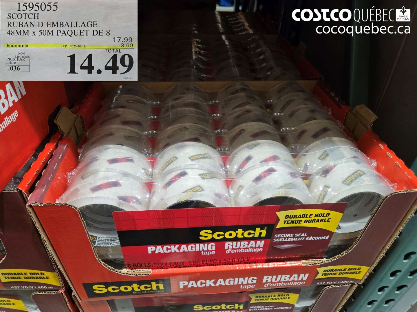 1595055 SCOTCH RUBAN D'EMBALLAGE 48MM X 50M PAQUET DE 8 ($3.50 INSTANT SAVINGS EXPIRES ON 2026-10-18) $14.49
