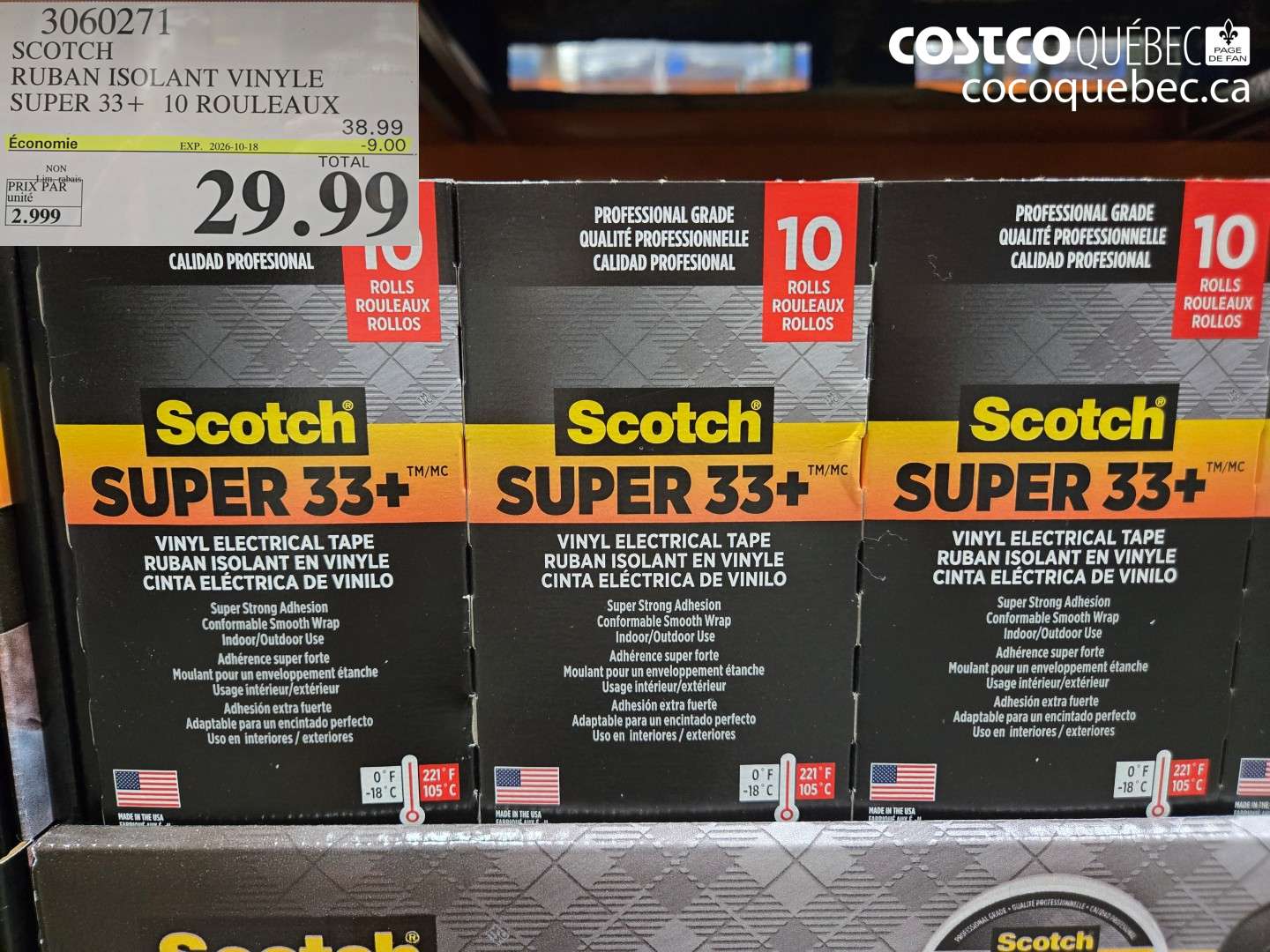 3060271 SCOTCH RUBAN ISOLANT VINYLE SUPER 33 + 10 ROULEAUX ($9.00 INSTANT SAVINGS EXPIRES ON 2026-10-18) $29.99