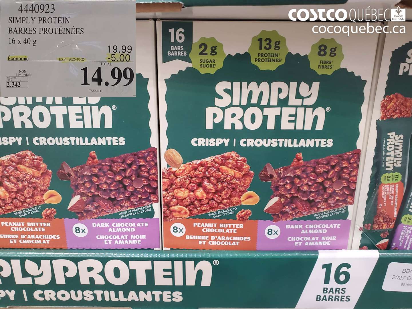 4440923 SIMPLY PROTEIN BARRES PROTÉINÉES ($5.00 INSTANT SAVINGS EXPIRES ON 2026-10-25) $14.99
