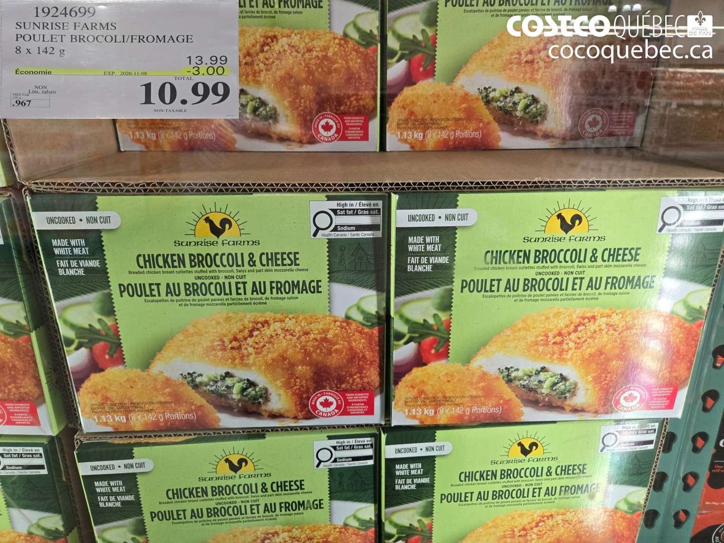 1924699 SUNRISE FARMS POULET BROCOLI/FROMAGE 8 X 142 G ($3.00 INSTANT SAVINGS EXPIRES ON 2026-11-08) $10.99