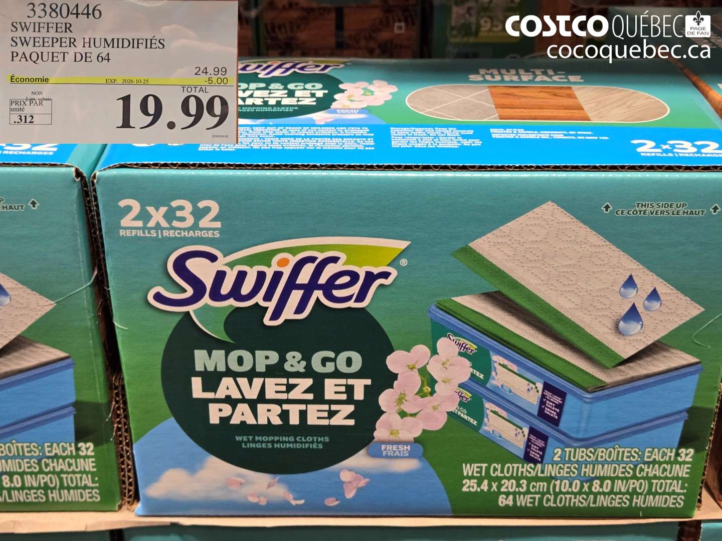 3380446 SWIFFER SWEEPER HUMIDIFIÉS PAQUET DE 64 ($5.00 INSTANT SAVINGS EXPIRES ON 2026-10-25) $19.99