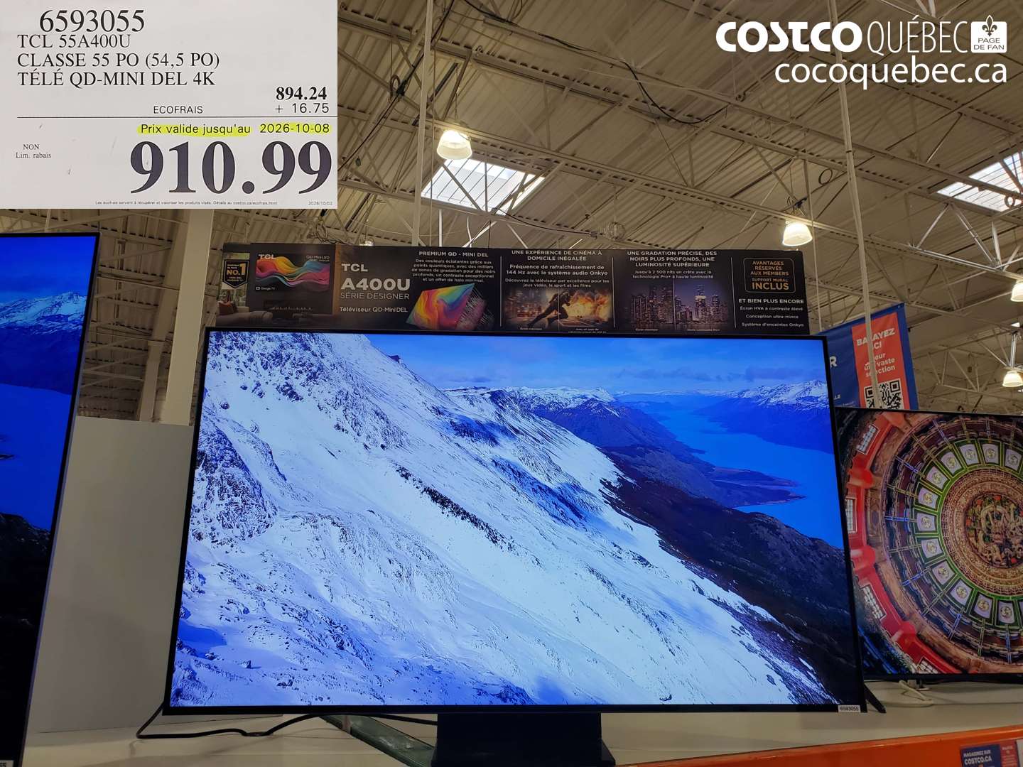 6593055 TCL 55A400U CLASSE 55 PO (54.5 PO) TÉLÉ QD-MINI DEL 4K (EXPIRES ON 2026-10-08) $910.99