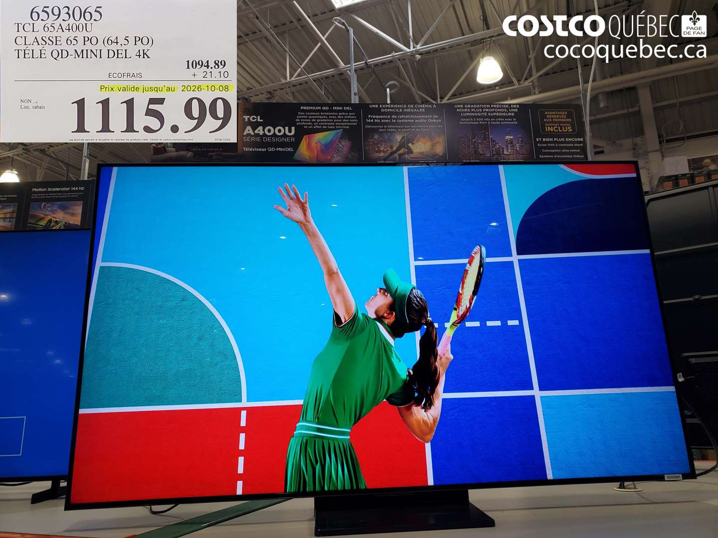 6593065 TCL 65A400U CLASSE 65 PO (64.5 PO) TÉLÉ QD-MINI DEL 4K (EXPIRES ON 2026-10-08) $1115.99