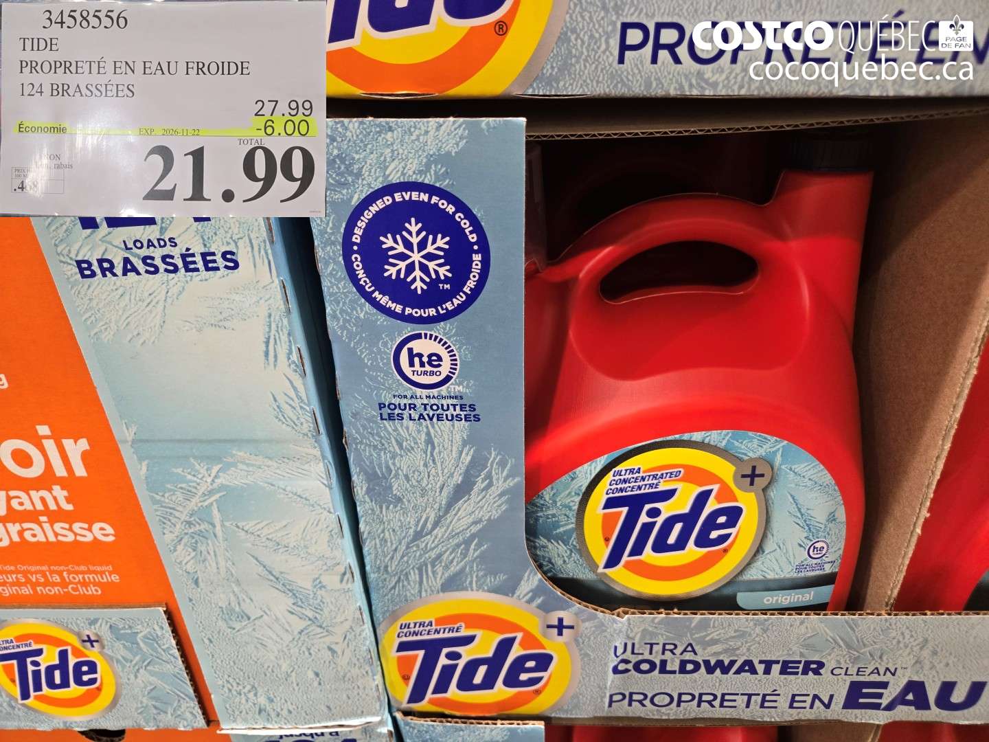 3458556 TIDE PROPRETÉ EN EAU FROIDE 124 BRASSÉES ($6.00 INSTANT SAVINGS EXPIRES ON 2026-11-22) $21.99