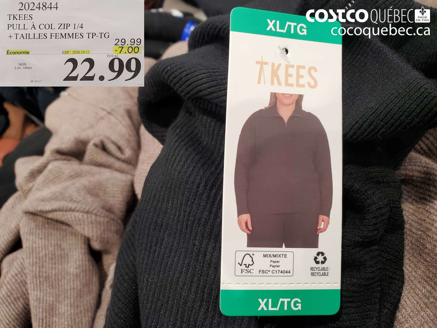 2024844 TKEES PULL À COL ZIP 1/4 + TAILLES FEMMES TP-TG ($7.00 INSTANT SAVINGS EXPIRES ON 2026-10-11) $22.99