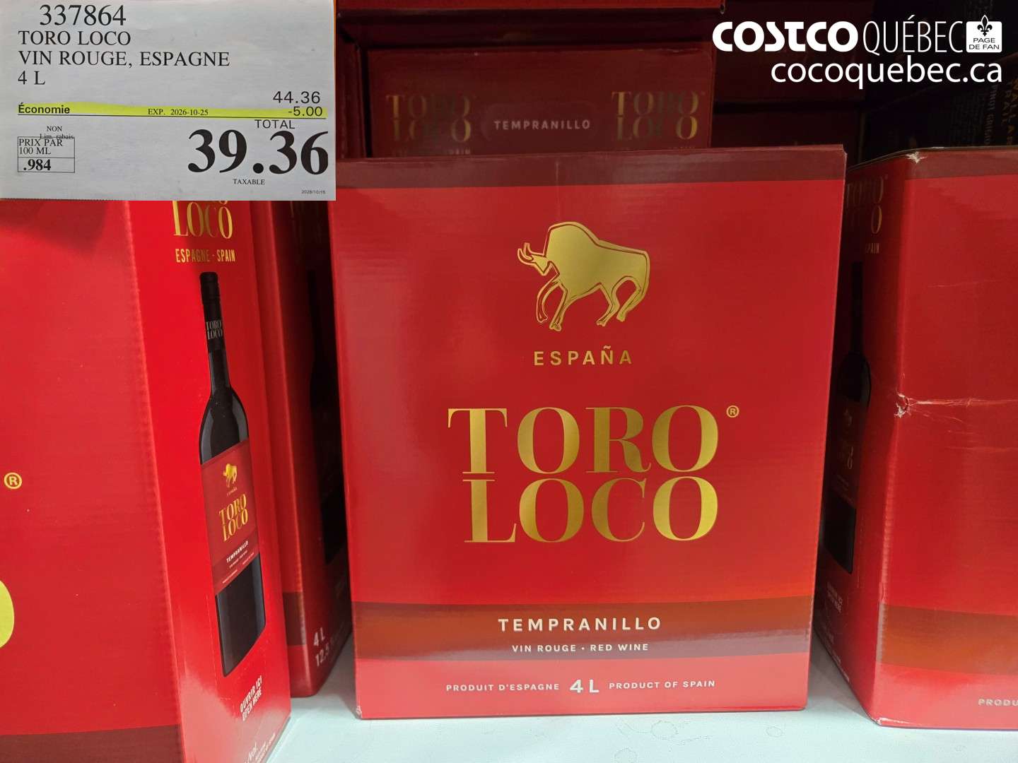 337864 TORO LOCO VIN ROUGE, ESPAGNE 4 L ($5.00 INSTANT SAVINGS EXPIRES ON 2026-10-25) $39.36