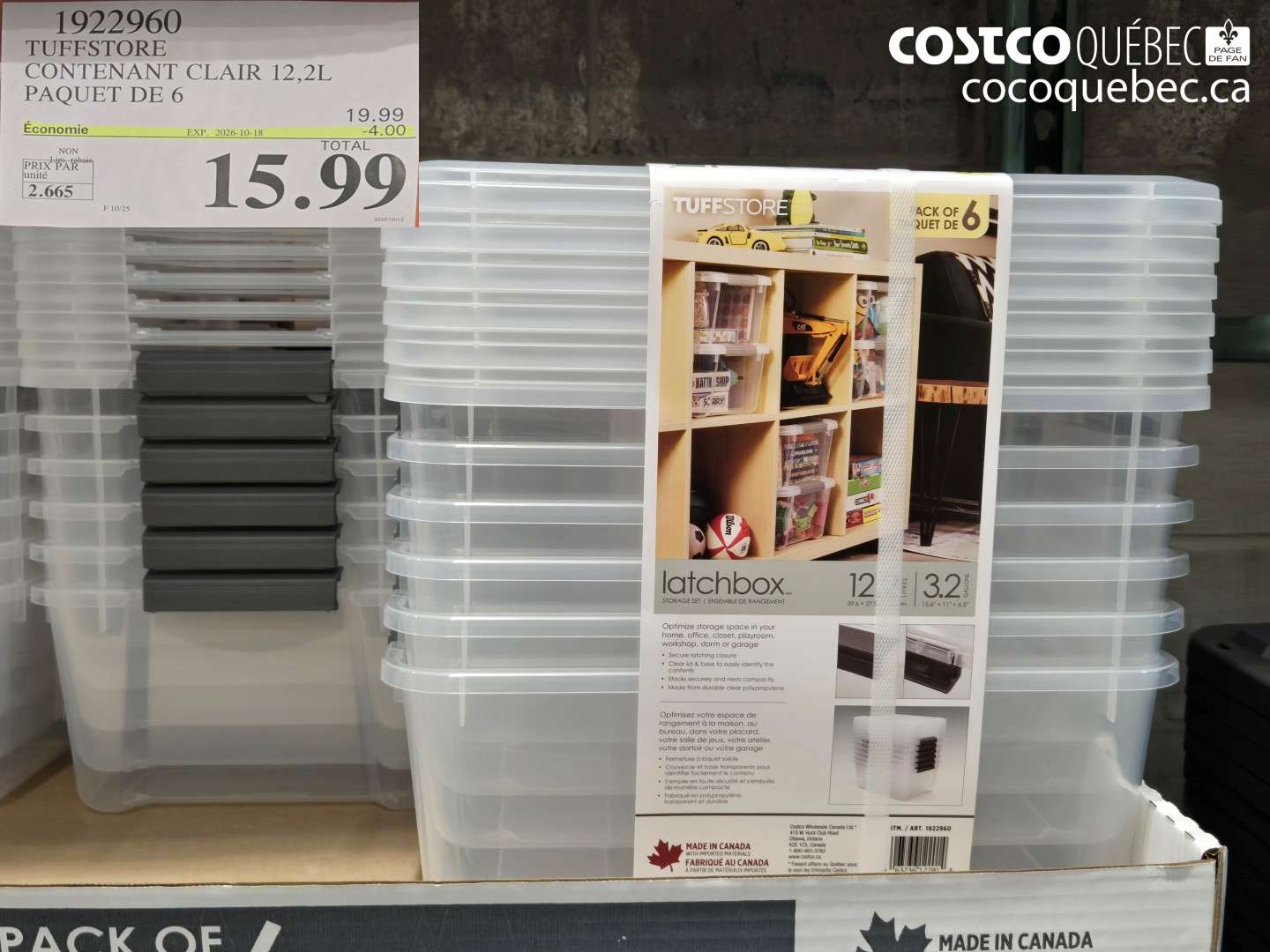 1922960 TUFFSTORE CONTENANT CLAIR 12.2L PAQUET DE 6 ($4.00 INSTANT SAVINGS EXPIRES ON 2026-10-18) $15.99