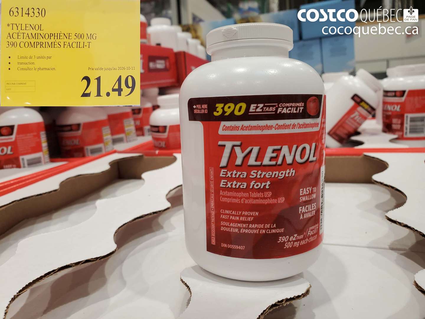 6314330 TYLENOL ACÉTAMINOPHÈNE 500 MG 390 COMPRIMÉS FACILI-T (EXPIRES ON 2026-10-11) $21.49