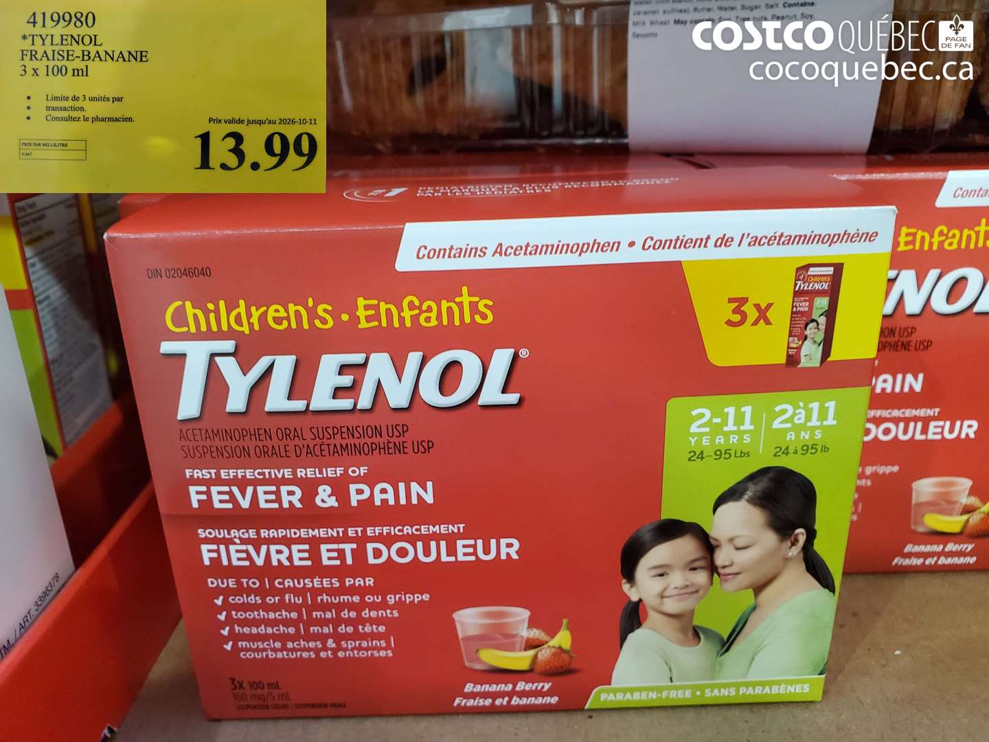 419980 TYLENOL FRAISE-BANANE 3 X 100 ML (EXPIRES ON 2026-10-11) $13.99