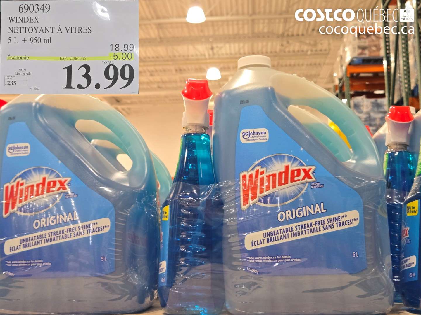 690349 WINDEX NETTOYANT À VITRES 5 L + 950 ML ($5.00 INSTANT SAVINGS EXPIRES ON 2026-10-25) $13.99