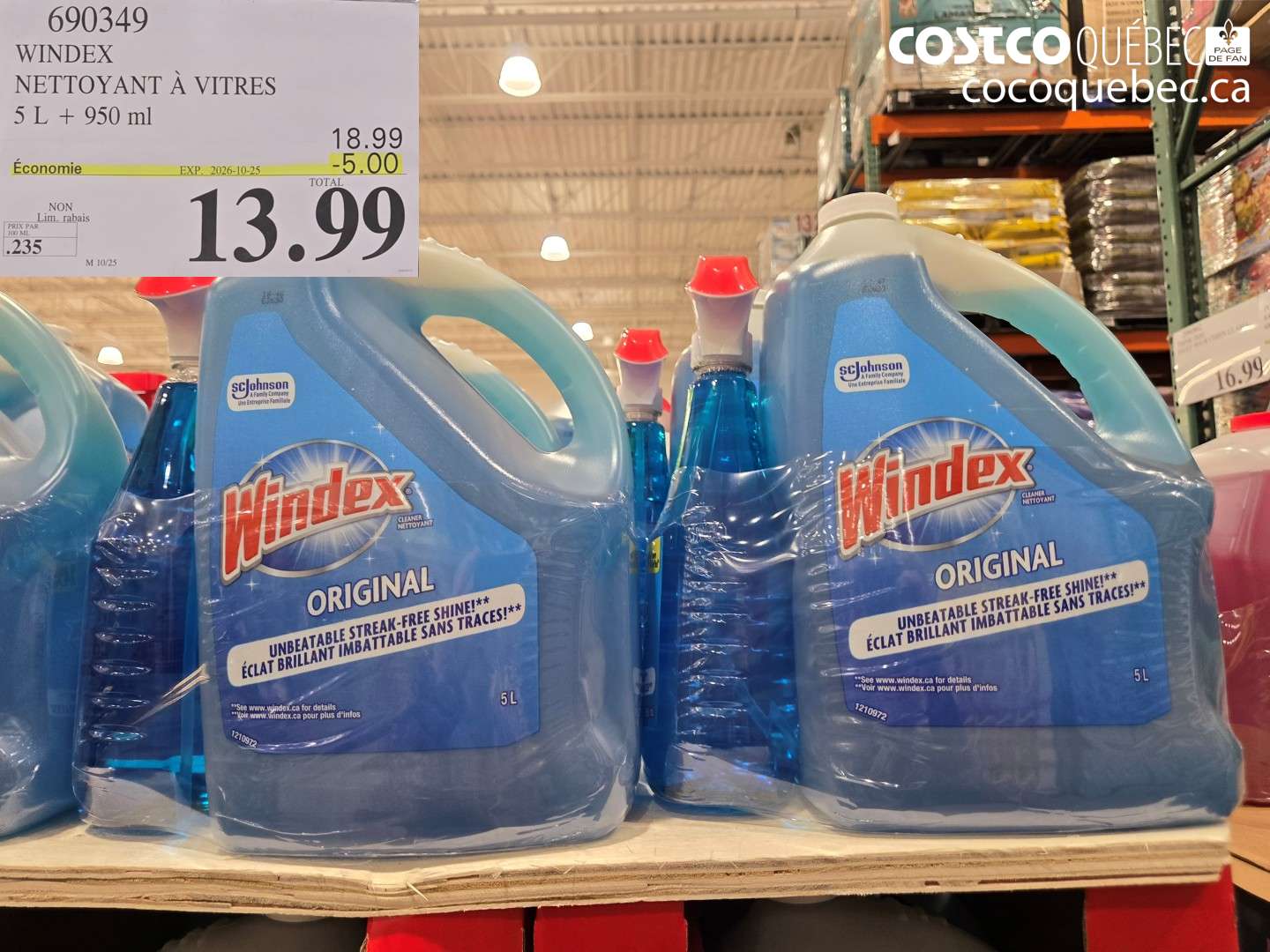 690349 WINDEX NETTOYANT À VITRES 5 L + 950 ML ($5.00 INSTANT SAVINGS EXPIRES ON 2026-10-25) $13.99