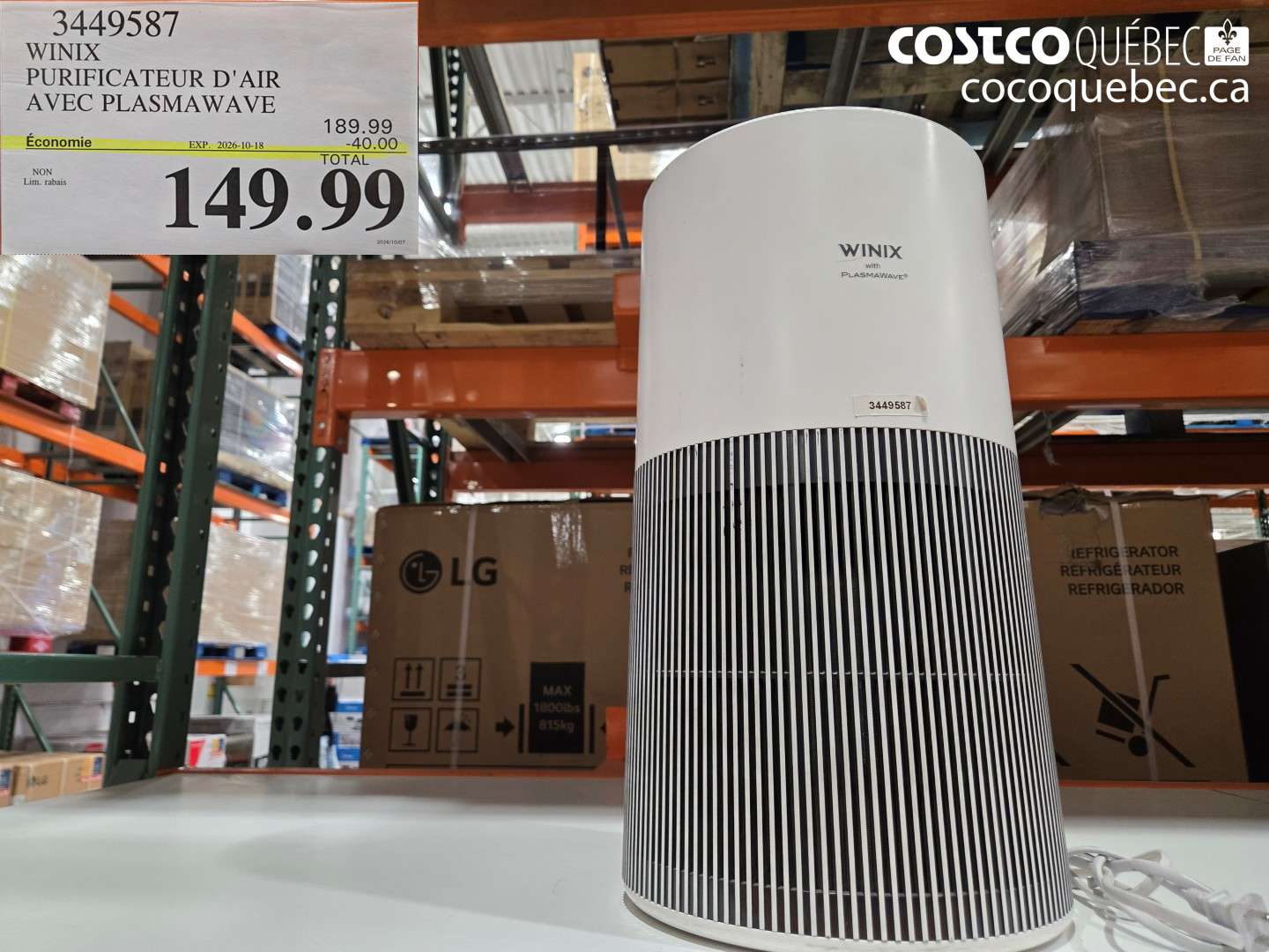 3449587 WINIX PURIFICATEUR D'AIR AVEC PLASMAWAVE ($40.00 INSTANT SAVINGS EXPIRES ON 2026-10-18) $149.99