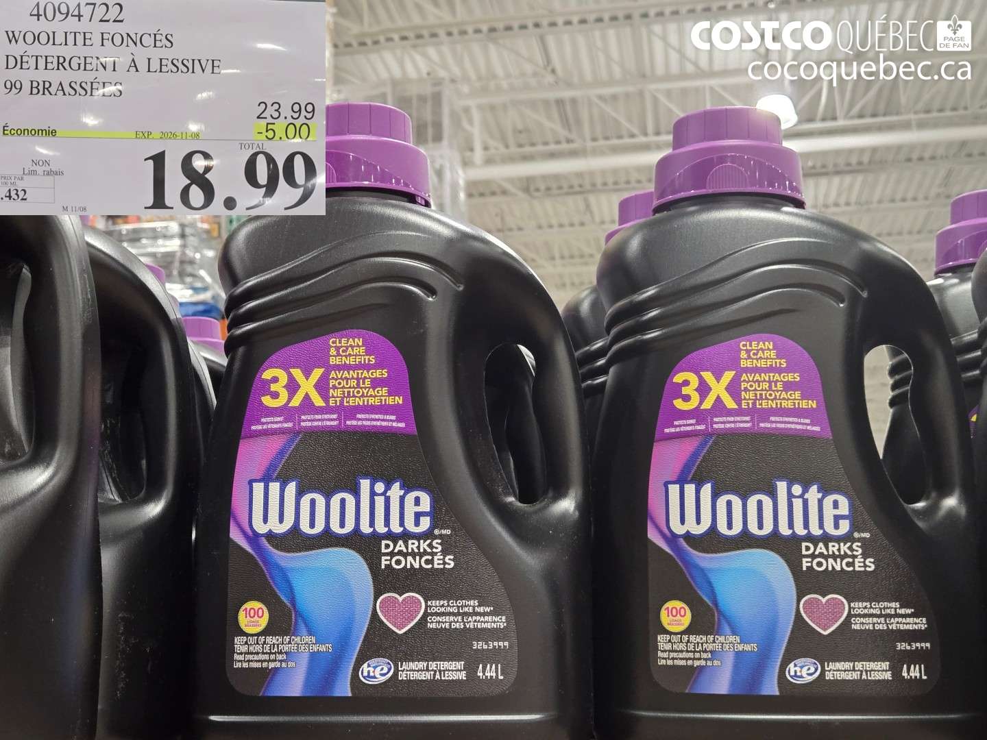 4094722 WOOLITE FONCÉS DÉTERGENT À LESSIVE 99 BRASSÉES ($5.00 INSTANT SAVINGS EXPIRES ON 2026-11-08) $18.99