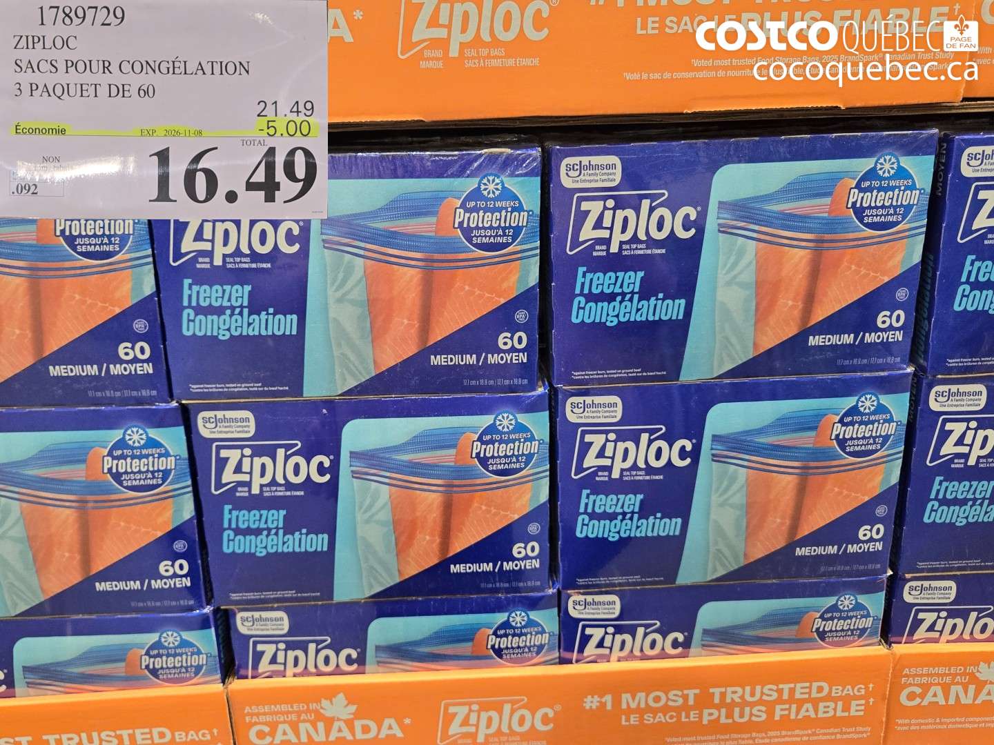 1789729 ZIPLOC SACS POUR CONGÉLATION 3 PAQUET DE 60 ($5.00 INSTANT SAVINGS EXPIRES ON 2026-11-08) $16.49