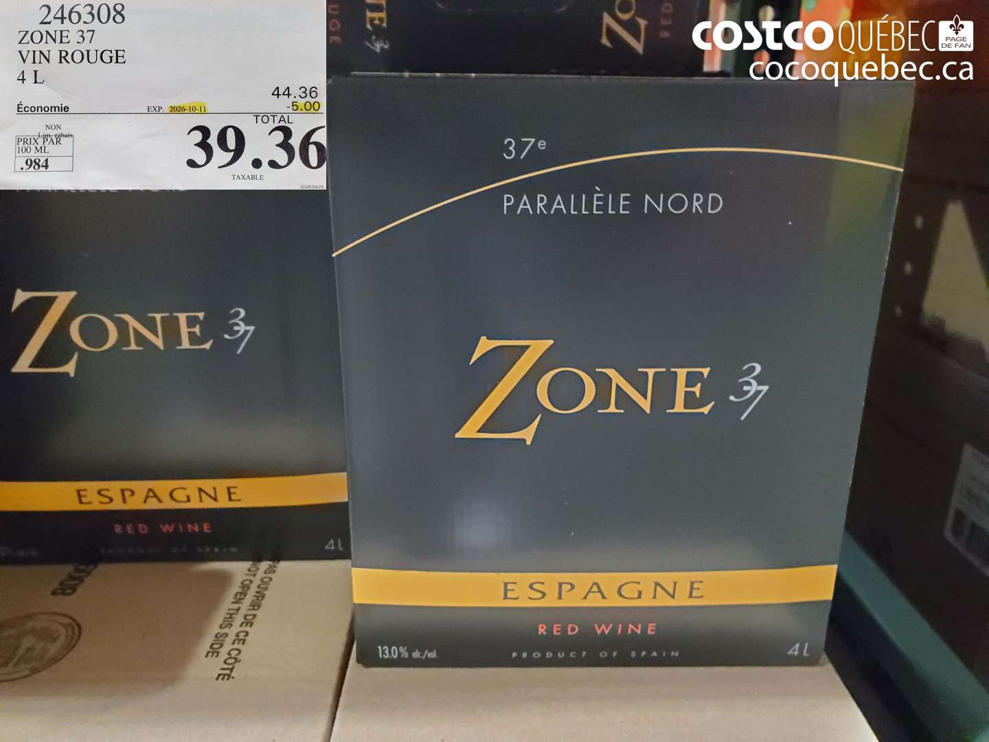 246308 ZONE 37 VIN ROUGE 4 L ($5.00 INSTANT SAVINGS EXPIRES ON 2026-10-11) $39.36