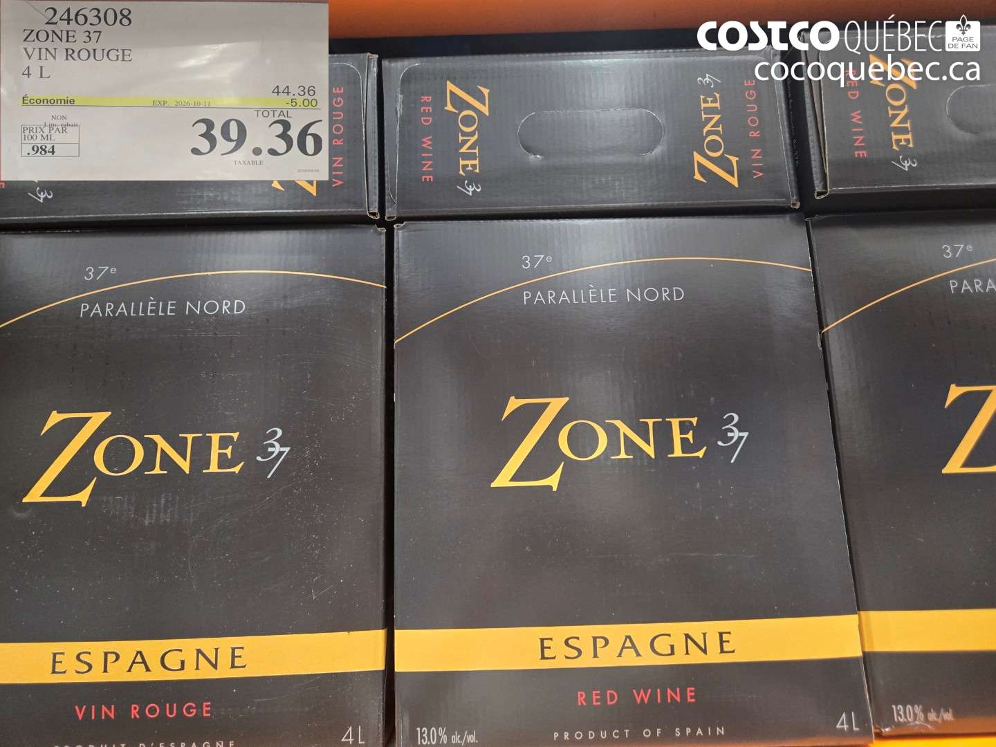 246308 ZONE 37 VIN ROUGE 4 L ($5.00 INSTANT SAVINGS EXPIRES ON 2026-10-11) $39.36