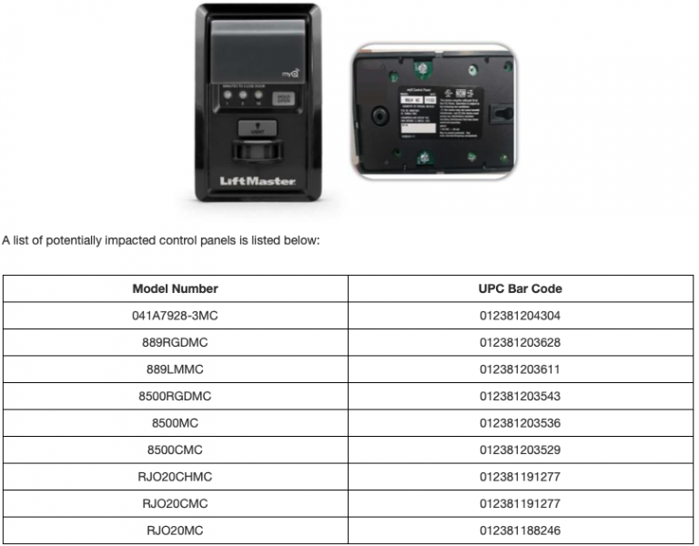 IMPORTANT RECALL NOTICE LiftMaster myQ 889LM and 041A79283 garage
